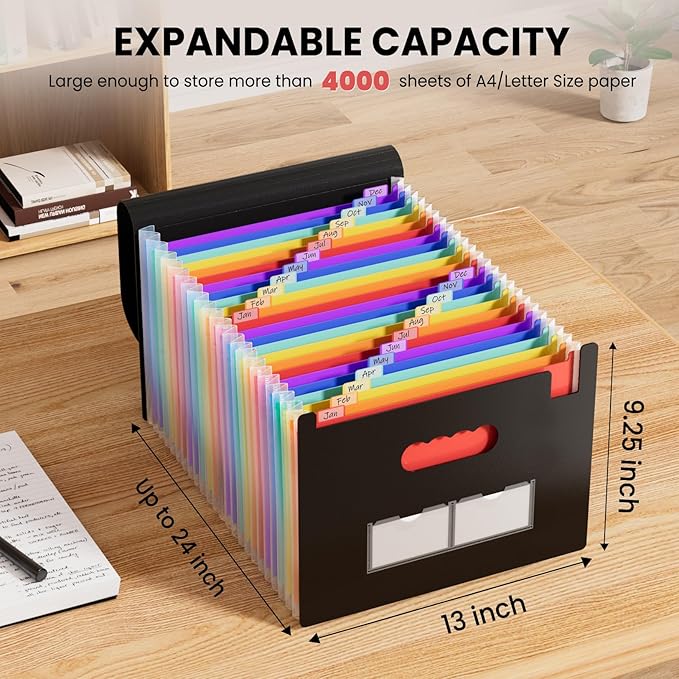 Sooez 24 Pockets Expanding File Folder with Blank Labels, According File Organizer with Expandable Cover, Desktop Accordion Folders Letter A4 Paper Document Storage Organizer, Red
