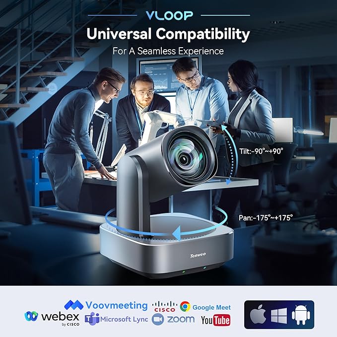 Tenveo VLoop 4K PTZ Camera with 12X Optical Zoom Wide View Angle USB3.0/HDMI/RJ45/PoE Live Streaming Camera for Church Video Conference Broadcast Works with Zoom Skype Teams, Red Dot Design Winner
