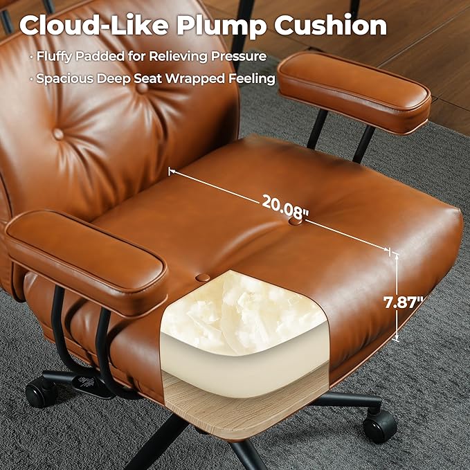 ovios Home Office Chair, Mid-Century Modern Faux PU Leather Chairs with Lumbar Support Comfy Thick Cushion, High Back Ergonomic Swivel Rolling Executive Armchair (Brown, PU Leather)