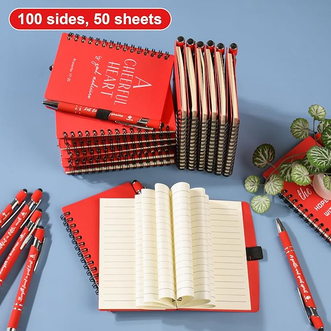 Christian Prayer Journal Spiral Red Notebooks Bulk with Pens- Small Notepads (4.13”x5.43”) - inspirational gifts for women, Church Members & Bible Study Groups (30 Sets Red)