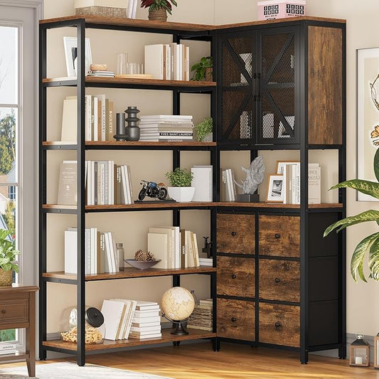 Corner Bookshelf, 6 Tier Industrial Convertible Bookshelf with 6 Fabric Drawers, Corner Bookcase Large L Shaped Storage Display Shelf for Home Office, Living Room, Kitchen, Rustic Brown