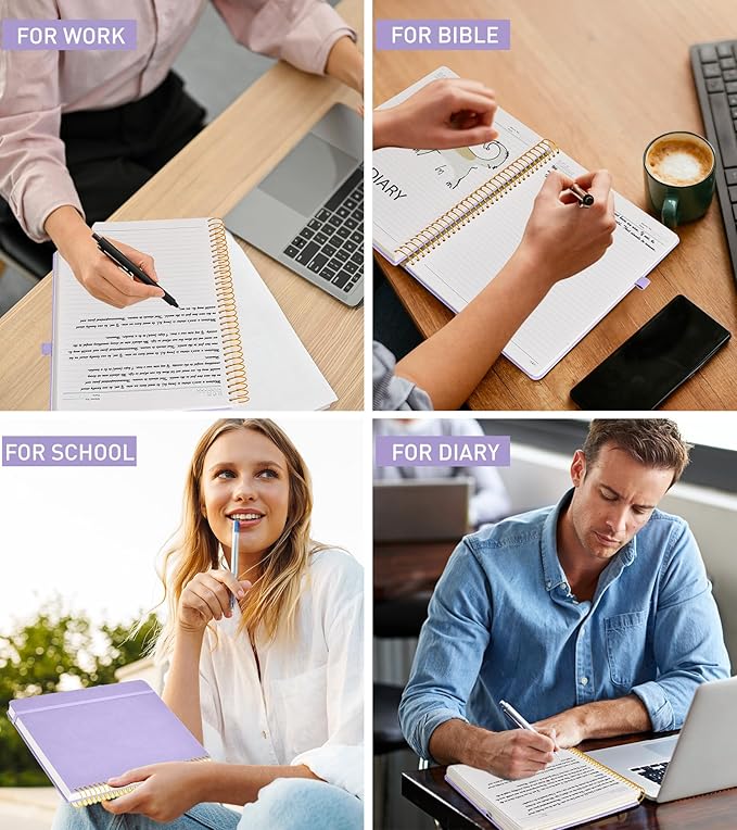 A4 Spiral Notebook Journal 8.5” x 11”, 256 Numbered Pages Hardcover Leather Journals for Women Men, Large Lined College Ruled Notebooks, 100GSM Thick Paper, Spiral Bound Journal for Work School, Purple