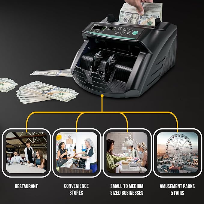 KOLIBRI Rook Money Counter with UV/MG/IR Counterfeit Detection – Count, Add & Batch Modes, 1,400 Notes per Minute Fast Bill Counter - US Dollar Cash Counter with Dual LED Display (1-Year USA Warranty)