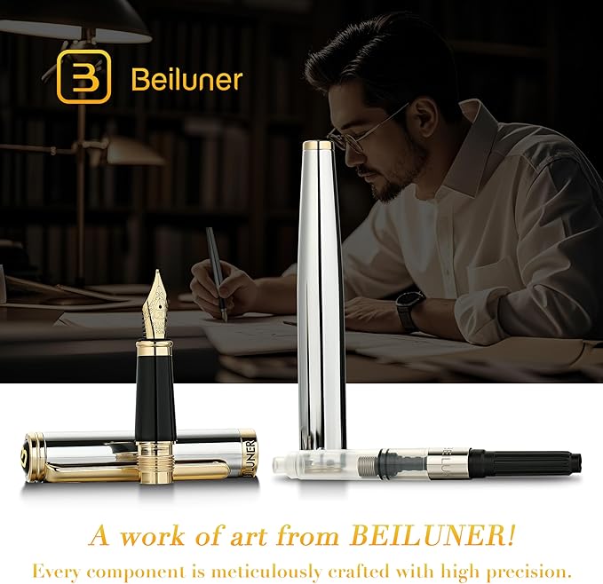 BEILUNER Silver Chrome Fountain Pen,Stunning Luxury Pens with 24K Gold Accents, Gorgeous 24K Gilded Nib(Medium), Ink Converter,Fancy Pen Gift for Men&Women-Elegant, Office, Executive,Nice for Writing
