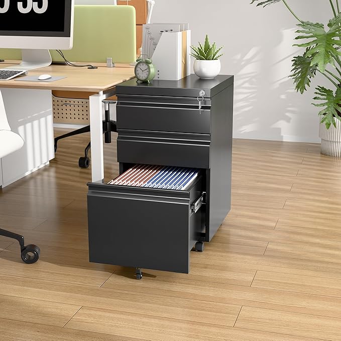 3 Drawer Under Desk Mobile File Cabinet with Lock, Metal Storage Cabinet for Office & Home, Legal/Letter Size, Fully Assembled Except Wheels, Black