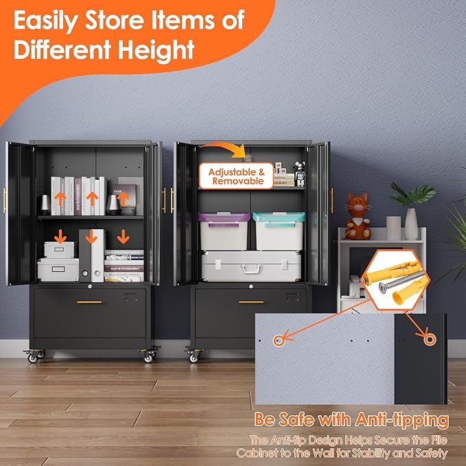 Aobabo Metal 1 Drawer Office File Cabinet with Lock and 2 Doors, Office Steel Files Cabinet with Wheels, Legal/Letter A4 Size, Assembly Required, Black