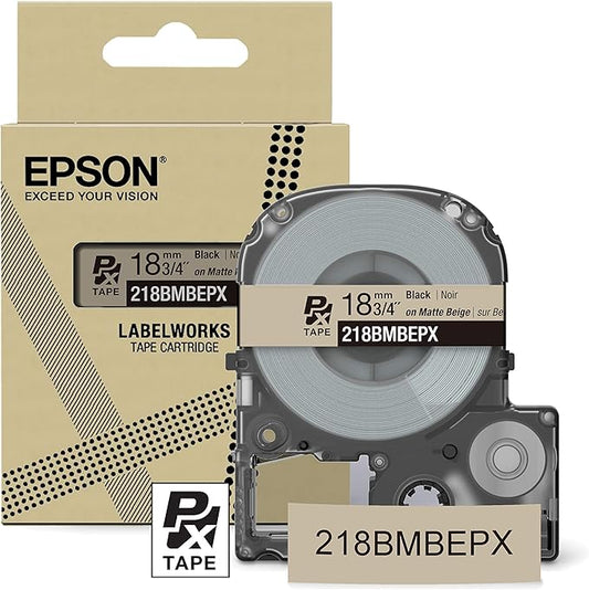 Epson LABELWORKS 218BMBEPX Genuine PET (Polyester) Tape Cartridge - Black on Matte Beige Designer Craft Label Maker Tape - 3/4" (18MM) Wide, 26'