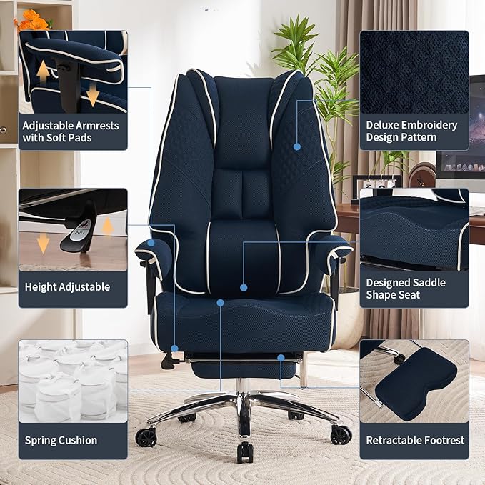 Big and Tall Office Chair 400lbs Wide Seat, Leather High Back Executive Office Chair with Foot Rest, Ergonomic Chairs Lumbar Support for Lower Back Pain Relief (Mesh Dark Blue)