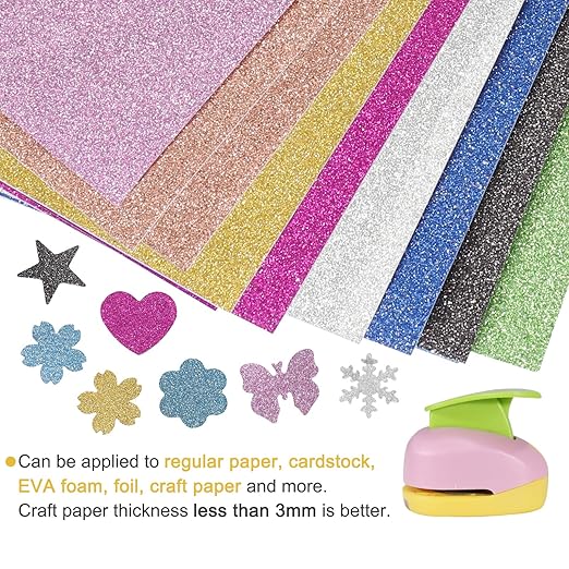 6 Pcs Colorful Craft Hole Punch with 10 Glitter Cardstock Papers, Decorative Scrapbook Paper Puncher Set, Different Shape Paper Hole Puncher Set for Office Supplies (6 Pcs- Different Shapes)