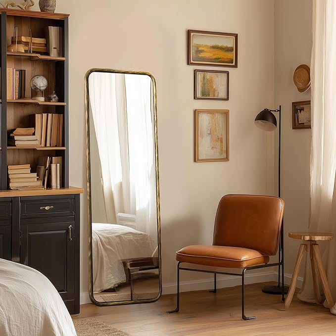 BEGINS 18" x 48" Hand-Forged Vintage Full-Length Mirror, Wall-Leaning or Wall-Mounted Design, 20mm Solid Steel Frame, 9mm Anti-Corrosion Back Panel, Suitable for Bedroom or Cloakroom