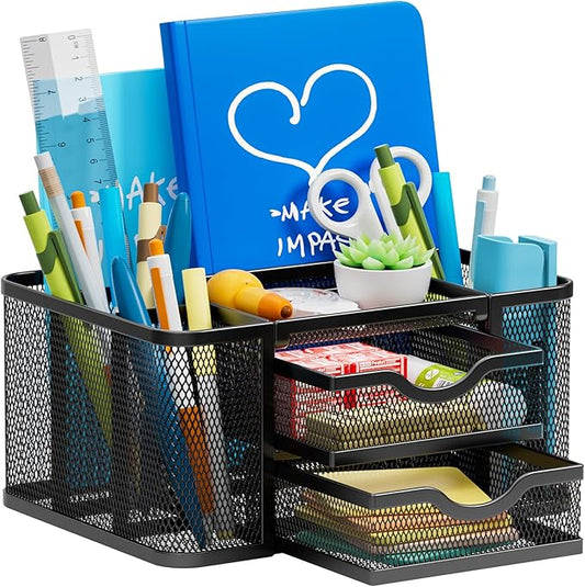 Marbrasse Mesh Desk Organizer, Pen Organizer with 2 Drawer, Multi-Functional Pencil Holder, Desk Organizers and Accessories with 5 Compartments + Drawer for Office Art Supplies (Black)