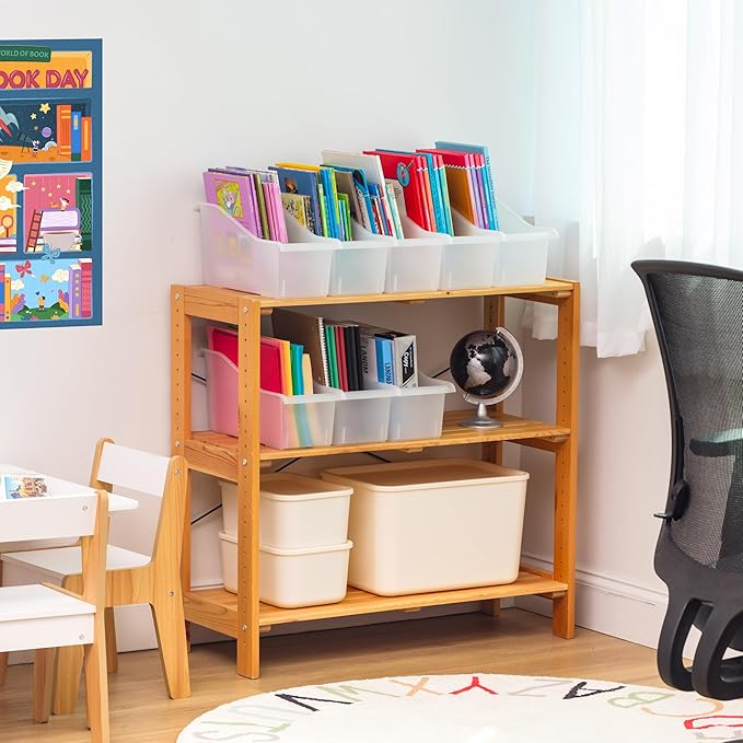 IRIS USA Plastic Book Bin Magazine Holder, 8-Pack, Vertical Standing Connecting Container Box for Office Dorm Study Homework Binder Notebook File Craft Stationery Supplies Organizer Caddy, Clear