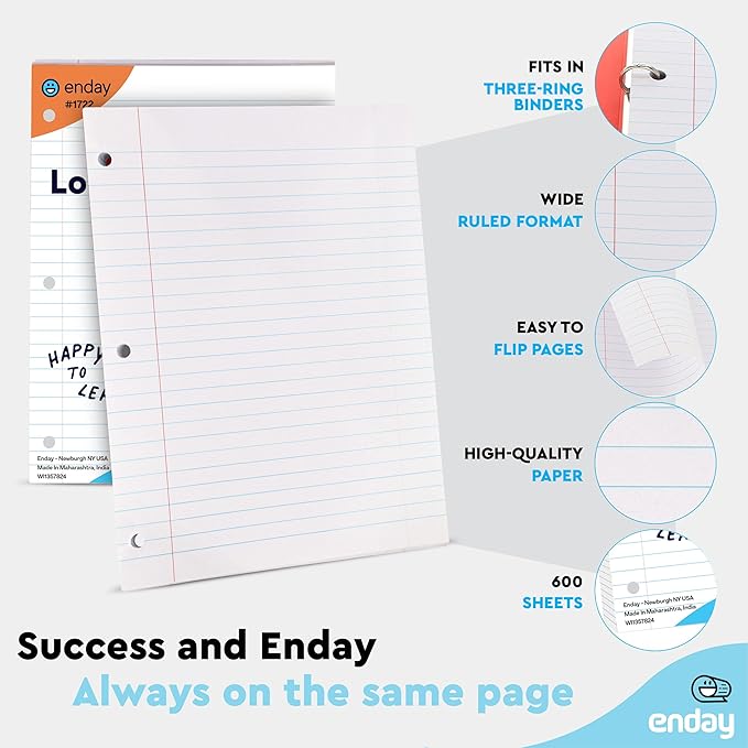Loose Leaf Paper Wide Ruled Notebook Paper, 8" x 10.5" Filler Paper White, 3 Hole Punched Binder Paper for 3 Ring Binders, Lined Paper 150 Sheets Per Pack (4 Pack) - By Enday