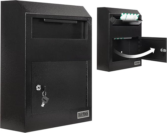 Drop Box Deposit Safe 12 x 4 x 15” Heavy Duty Steel Wall Mount Mailbox for Mail, Letters, Checks, Keys, Cash and more for Home, Office & Commercial Use (W500) (Black)
