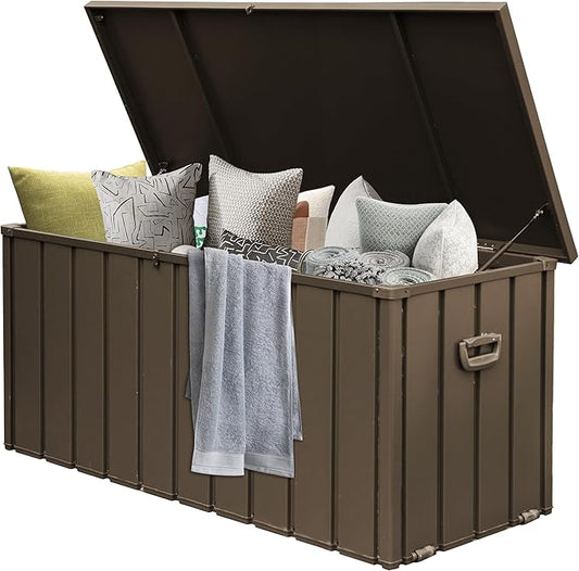 Domi Outdoor Deck Box 100 Gallon, Waterproof Lockable Steel Outdoor Storage Container for Outside Cushions, Garden Tools and Pools Equipment (Dark Brown)