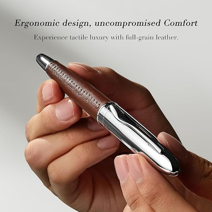 BEILUNER 318 Luxury Leather Pen, Hand-Stitched Premium Leather, Chrome-Plated Finish, Schmidt Ink Refill, Fancy Rollerball Pen Gift Set for Men & Women, Executive Writing, Nice Designer pen
