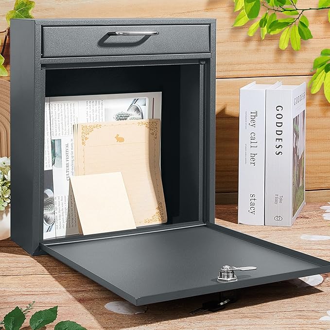 Locking Mailbox with Key for Outdoor 12 x 10.5 x 4.7 Inches Large Wall Mount Mail Box with Lock Security Mail Drop Metal Collection Boxes Hanging Secure Postbox(Dark Gray)