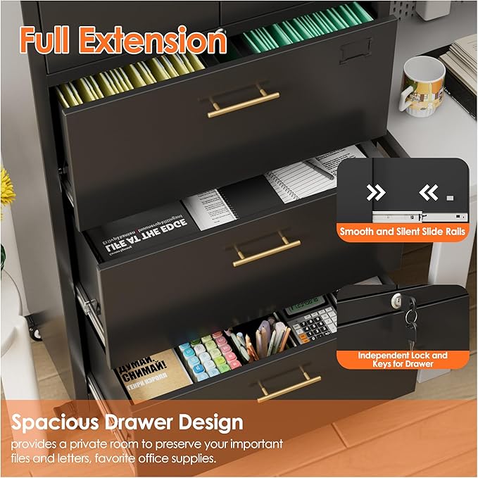 Aobabo Metal 3 Drawers Lateral File Storage Cabinet and Unit Adjustable Shelf Organizer, Steel Files Cabinet with Wheels, 2 Door Storage for Office Legal/Letter A4 Size, Assembly Required, Black