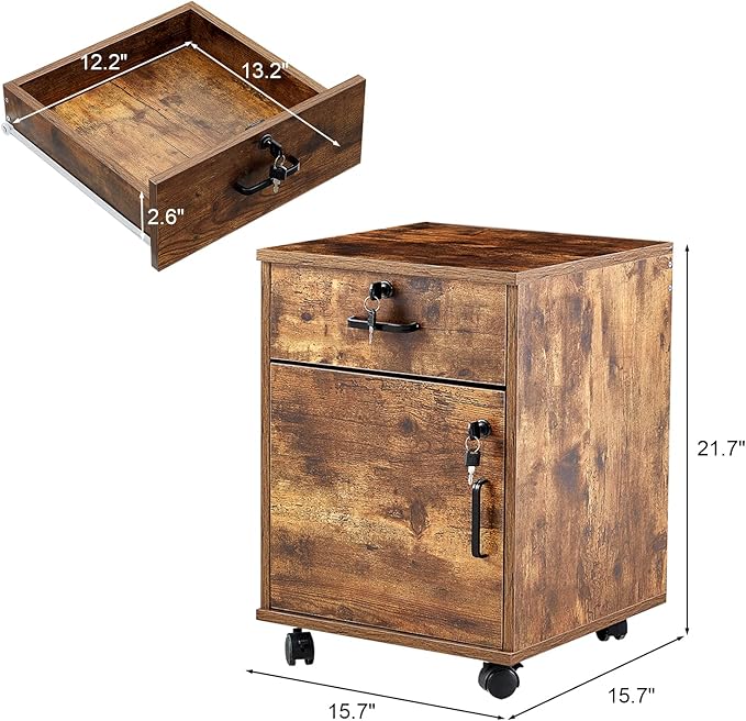 TUKAILAi Mobile File Cabinet with Lockable Drawer & Door, Under Desk Rolling Filing Cabinet with 4 Wheels, Wooden Stationery Storage Cabinet for Home Office (Rustic Brown)