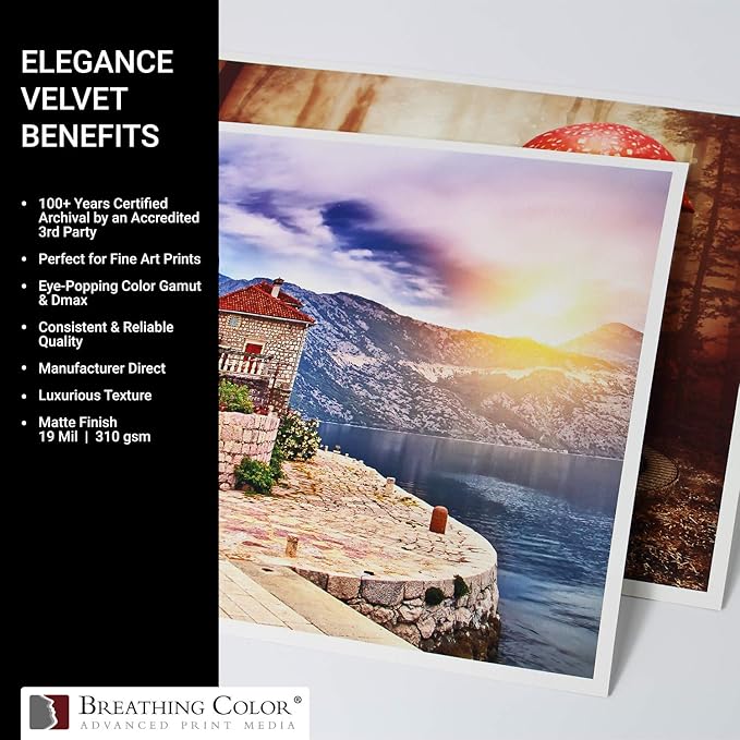 Elegance Velvet 36 in x 40 ft roll is a Premium Matte 310 gsm, Cold Pressed Bright White Museum Grade Fine Art Inkjet Paper, Compatible with Most Dye-Based and Pigment Printers