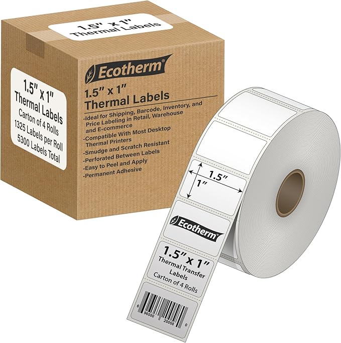 1.5" x 1" Thermal Labels | 4 Rolls | 5300 Labels | fits Zebra, Godex, Arkscan, iDPRT, Offnova Thermal Label Printers and More | Blank White Adhesive Stickers by Ecotherm