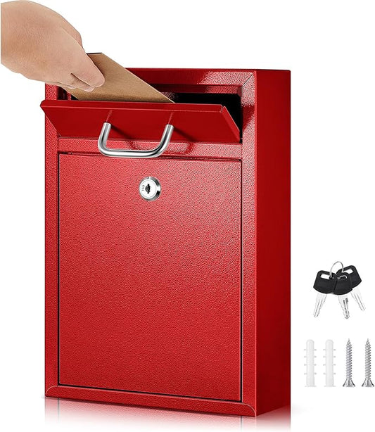 Locking Mailbox with Key for Outdoor 12.2 x 8.5 x 3 Inches Large Wall Mount Mail Box with Lock Security Mail Drop Metal Collection Boxes Hanging Secure Postbox(Red)