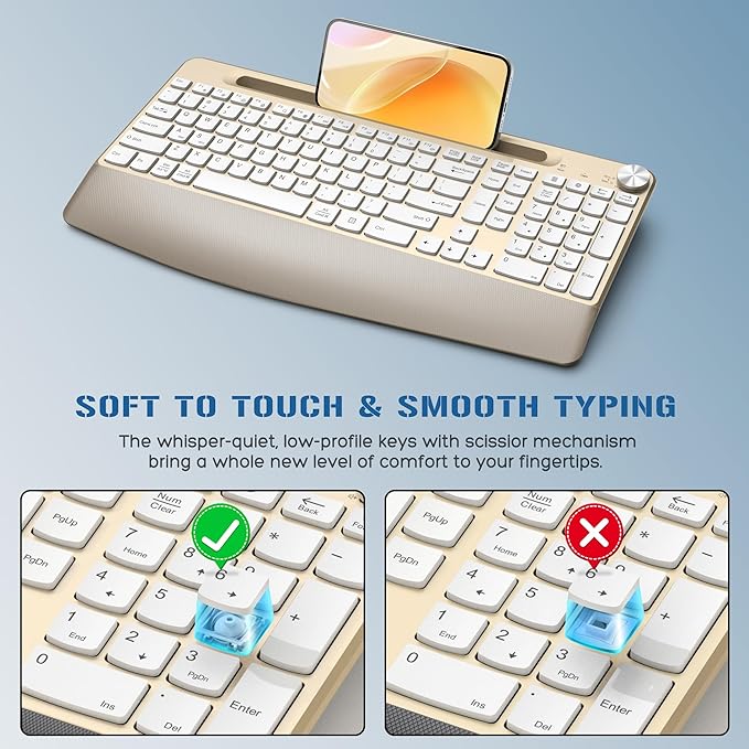 JOYACCESS Ergonomic Wireless Keyboard with Palm Rest & Tilt Angle, 2.4G Full-Size, Comfortable Typing, USB-C Adapter & Phone Holder for Mac/Windows -Gold White