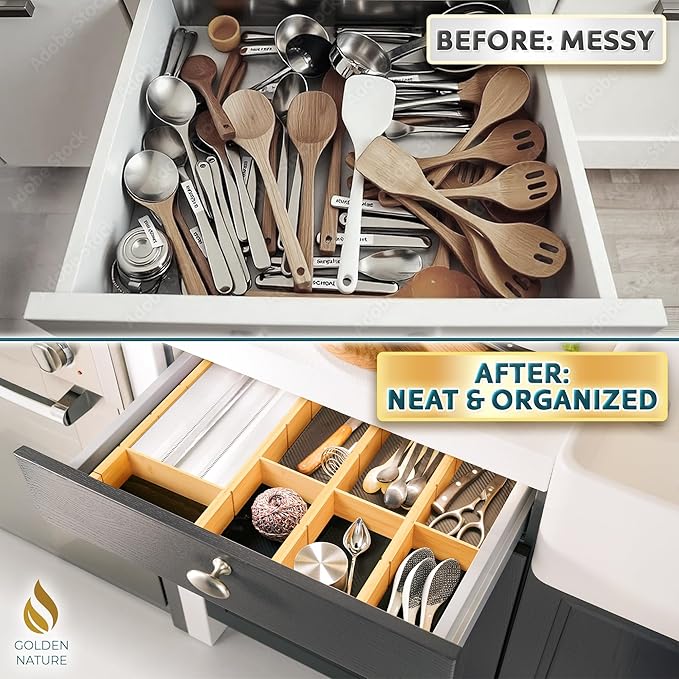 Bamboo Drawer Organizer - with Inserts & Labels, 17-22" - Adjustable Spring Loaded Kitchen Dividers for Utensils & Junk Storage - Expandable Silverware Separators for Organization