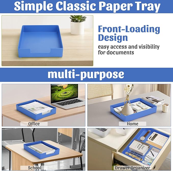 Letter-Size Tray Desk Letter Tray Paper Tray, Sturdy Heavy-Duty Plastic Printer Paper Tray, Single-Tier Stackable File Storage Organizer for Office Home (1, Blue)