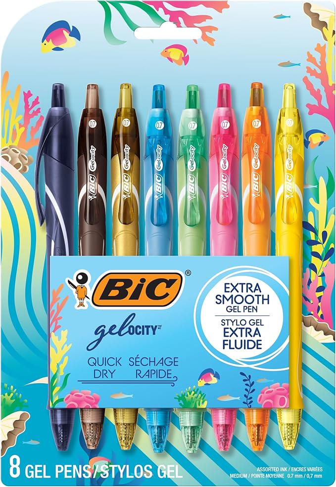 BIC Gelocity Quick Dry Ocean Themed Gel Pens, Medium Point (0.7mm), 8-Count Gel Pen Set, Colored Gel Pens for Note Taking and Journaling