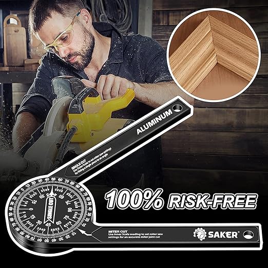 Saker Miter Saw Protractor|7-Inch Aluminum Protractor Angle Finder Featuring Precision Laser-Inside & Outside Miter Angle Finder for Carpenters, Plumbers and All Building Trades (Black)