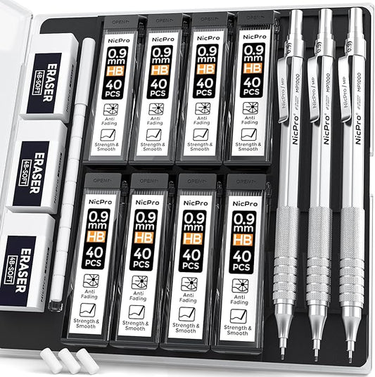 Nicpro 0.9 mm Metal Mechanical Pencil Set with Case, with 3PCS MP1000 0.9mm Drafting Pencil, 8 Tubes HB Lead Refills, 3PCS Eraser, Erasers Refills for Artist Writing, Drawing, Sketching, Silver