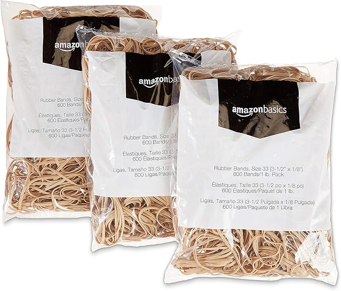 Amazon Basics Rubber Bands, Size 33 (3-1/2 x 1/8 Inch), 600 Bands/1 lb Pack, 3-Pack, Tan