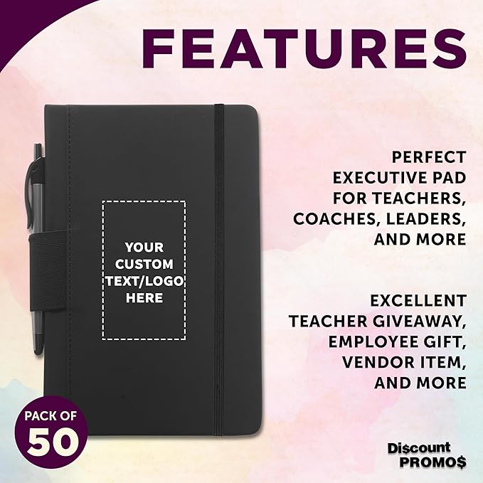 DISCOUNT PROMOS 50 Executive Notebooks with Pen Pack - Customizable Text, Logo - 6 x 8.5 inches, Recycled, Pen Loop, Closure Strap - Black