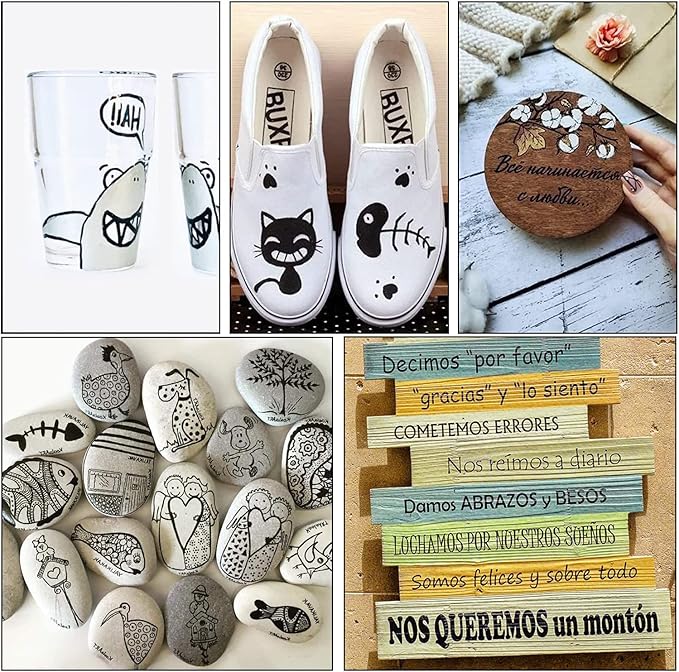 Black Marker Paint Pens - 6 Pack Acrylic Black Permanent Marker, 0.7mm Extra Fine Tip Paint Pen for Art projects, Drawing, Rock Painting, Stone, Ceramic, Glass, Wood, Plastic, Metal, Canvas DIY Crafts