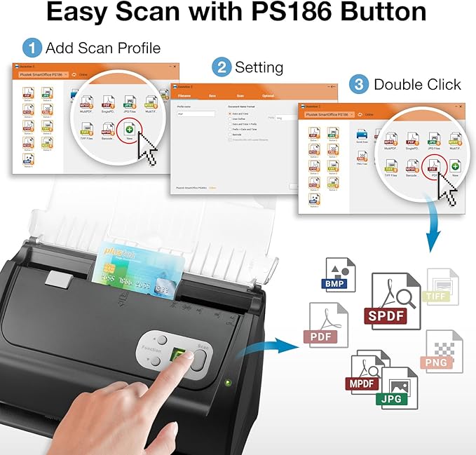 Plustek PS186 Desktop Document Scanner, with 50-pages Auto Document Feeder (ADF). For Windows 7 / 8 / 10 / 11 (Intel/AMD only)
