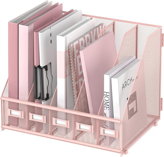 SUPEASY Desk Organizers Metal Desk Magazine File Holder with 5 Vertical Compartments Rack File Organizer for Office Desktop, Home Workspace, Pink