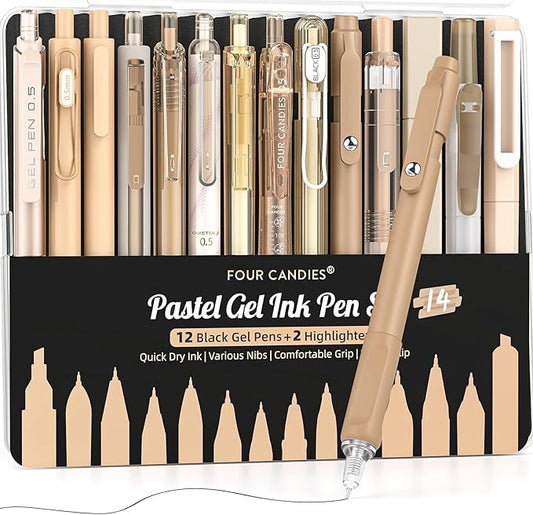 Four Candies 14Pack Pastel Gel Ink Pen Set,Cute Retractable 0.5mm Fine Point Pen,Note Taking Aesthetic Pens,12 Pack Black Ink Pens with 2Pack Highlighter, Smooth Writing Pens for School, Office(Brown)