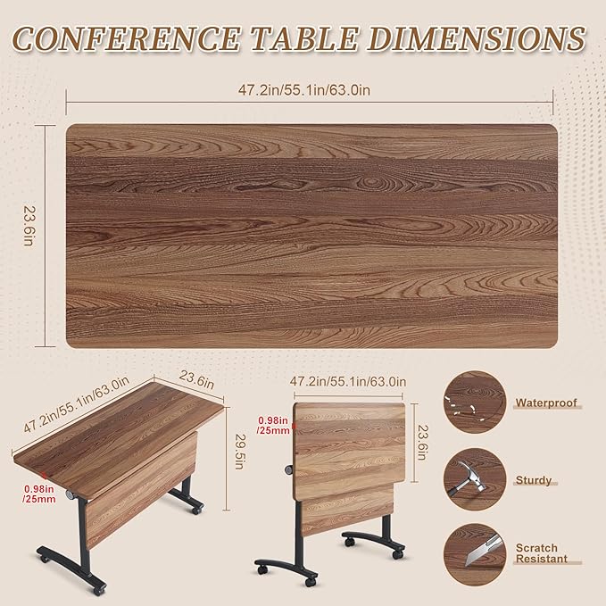 Folding Conference Room Table, Modern Conference Tables with Silent Wheels, Large Rectangular Mobile Training Tables for Office Classroom, Foldable Modular Boardroom Seminar Table (2pack L55.1in)