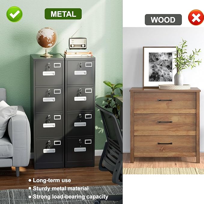 Aobabo 4 Drawer File Cabinet, Metal Filing Cabinet with Lock, Suitable for Home Office School Hanging Files Letter/Legal/A4 Size,Black,Required-Assembly,17.72" D x 14.96" W x 55.2" H