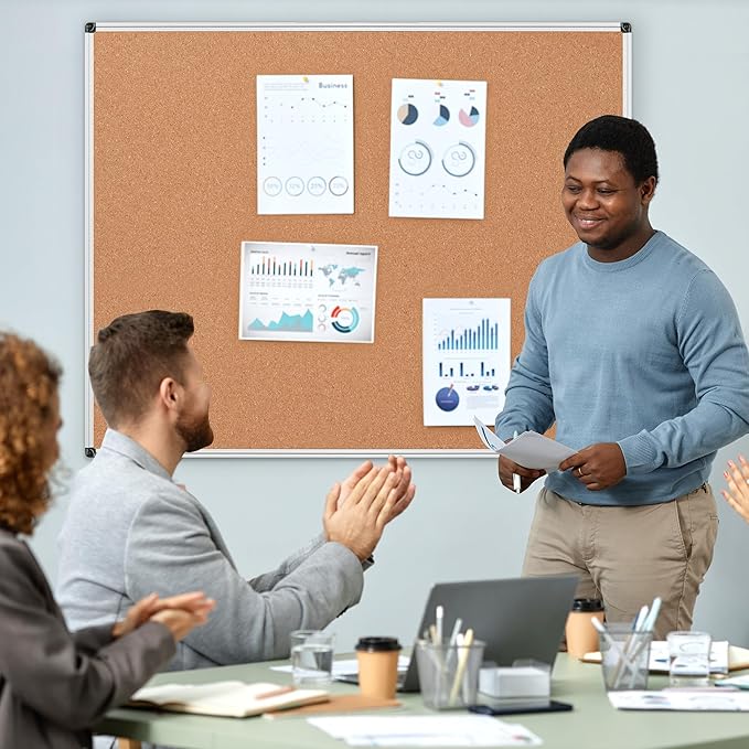 Board2by Extra Large Cork Bulletin Board 48" X 48", Silver Aluminum Framed 4'x4' Corkboard for Wall, Wall Mounted Notice Pin Board with 18 Push Pins for School, Home & Office