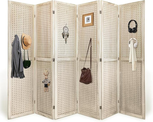 Room Divider, 5.6FT Folding Room Divider Panel, 6 Panel Pegboard Display Wood Partition Wall Divider for Room Separation& Craft Shows, Natural Wood