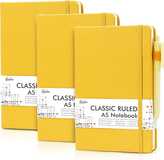 feela 3 Pack Notebooks Journals Bulk with 3 Black Pens, A5 Hardcover Notebook Classic Ruled Lined Journal Set with Pen Holder for Work Business Journaling Note Taking, 120 GSM, 5.1”x8.3”, Yellow