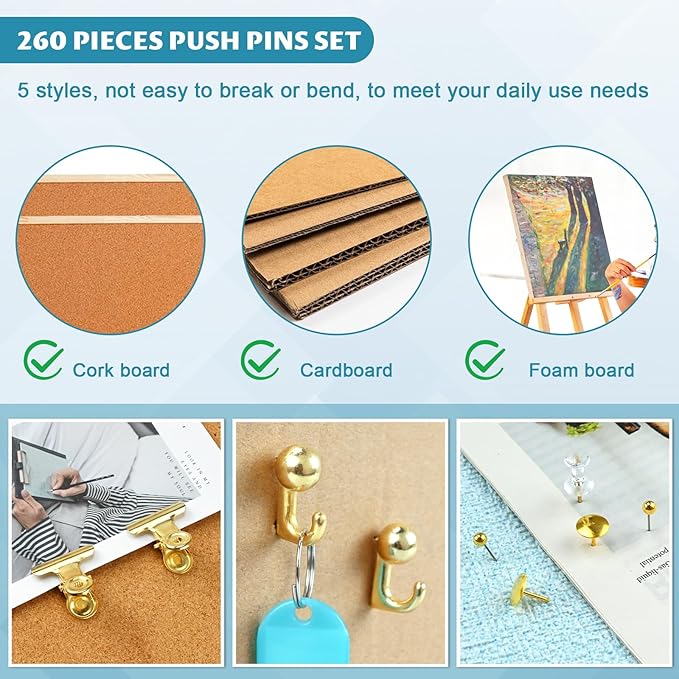 350 Pcs Gold Push Pins Set 5 Styles Decorative Thumb Tacks Assorted Push Pins for Bulletin Board, Cork Board