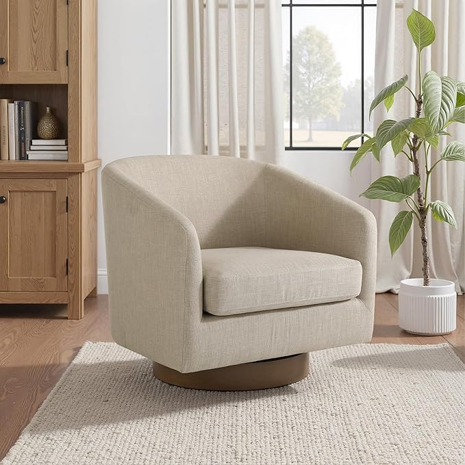 UIXE Swivel Accent Chair with Wood Base, Fabric Upholstered Barrel Chairs for Living Room, Comfy Round Armchair Single Sofa Bedroom Reading Seat - 31" W, Light Brown