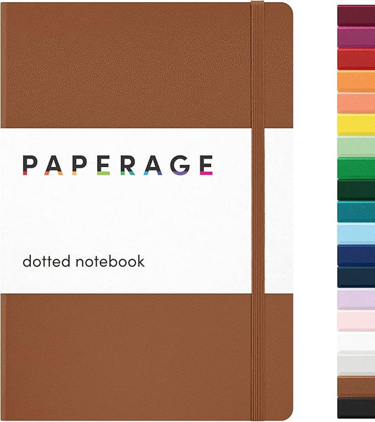 PAPERAGE Dotted Journal Notebook, (Cognac), 160 Pages, Medium 5.6 in x 8 in - 100 GSM Thick Paper – Hardcover Journaling Notebook for Work, School & Bullet Journaling