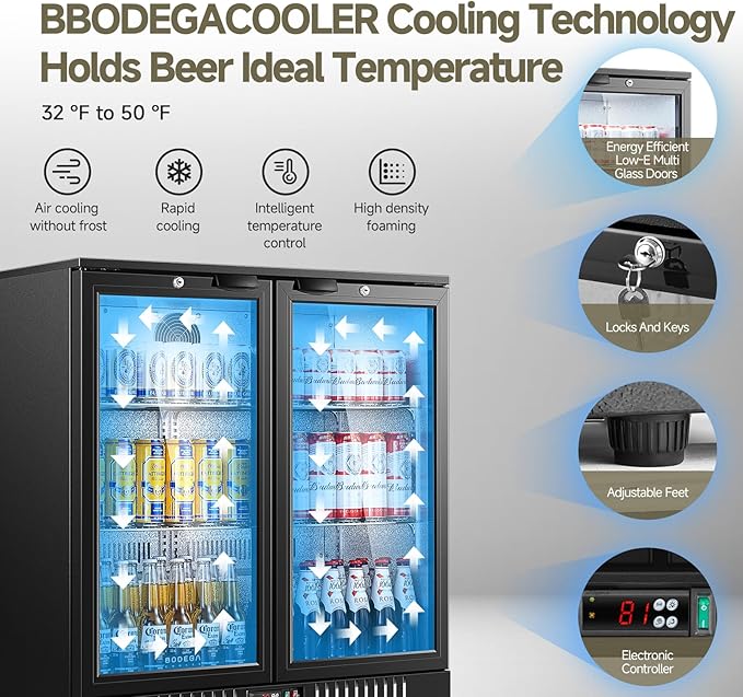 BODEGACOOLER Back Bar Cooler With 2 Glass Doors,Commercial Bar Cooler Under Counter7.4Cu.Ft,Back Bar Fridge, Beverage Bar Refrigerator with LED Lighting for Display Beverage,for Beer,Soda Drinks,Wine