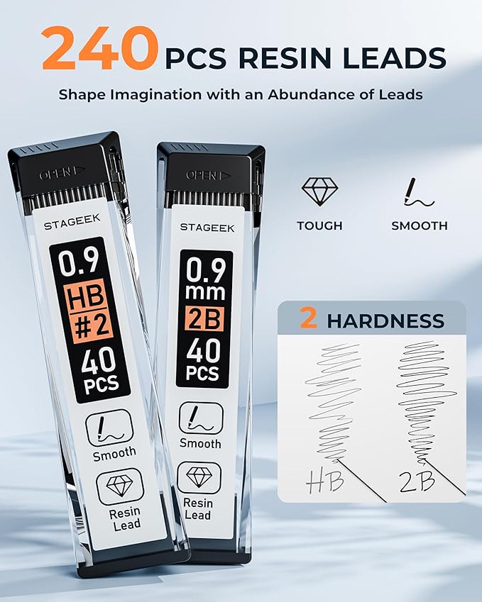 0.9mm Mechanical Pencil Set, 3PCS Metal Mechanical Pencils 0.9mm with 6 Tubes HB & 2B Lead Refills,Erasers, Weatherproof Artist Pencils with Case for Outdoor Writing Drafting Drawing