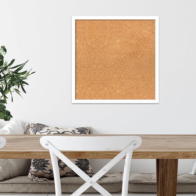 Amanti Art Natural Cork Board for Wall, 19x19 Vision Board with White Frame, Small Corkboard Office Decor for Home Organization, Modern Corkboard Pinboard to Display Items for Home Organization in