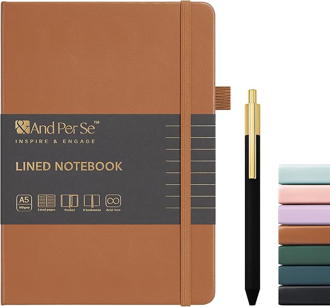 A5 Lined Leather Journal and Pen Set, Hardcover Notebook with Pen, 160 Pages 100gsm Thick Ruled Paper for Men Women, for Work, Business, School or Home Writing, 5.7'' x 8'' (Light Brown-Set1)